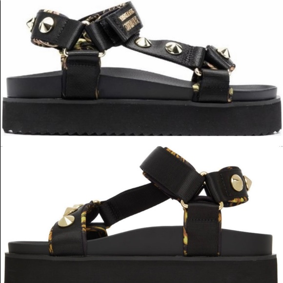 VERSACE GOLD STUDDED SANDALS , BLACK & BAROQUE PRINT WITH CHUCKY SOLES - Picture 4 of 16